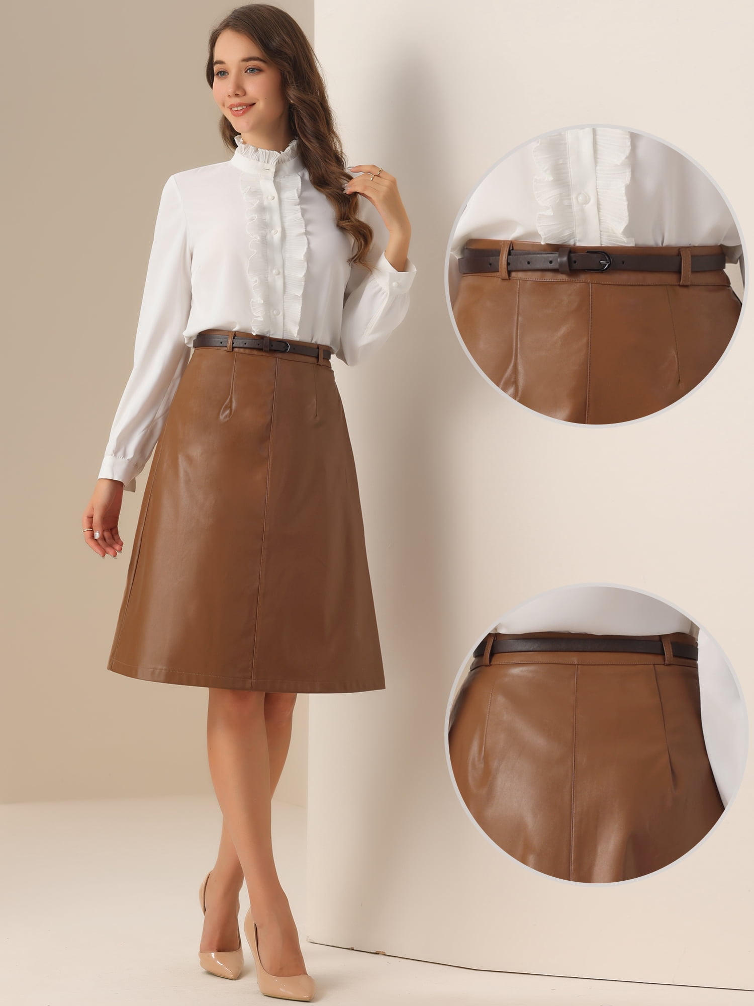 DARING DIVA Women A-Line High Waist PU Faux Leather Belted Midi Skirt XS Dark Brown