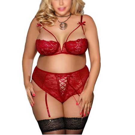 

Women s Sexy Lace Comfortable Hollow Out 1/2 Cup Bra High Waist Lace Up Lingerie Red 4XL