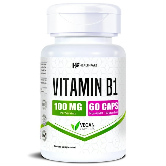 HealthFare Vitamin B1 100mg | 60 Vegan Capsules | Thiamine Supplement for Energy & Nervous System Support | Non-GMO, Gluten-Free | Made in the USA