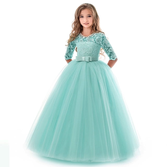 Robe Longue en Dentelle Florale Vintage pour Filles Manches 3/4 Robe de Soirée de Mariage Robe de Danse Formelle