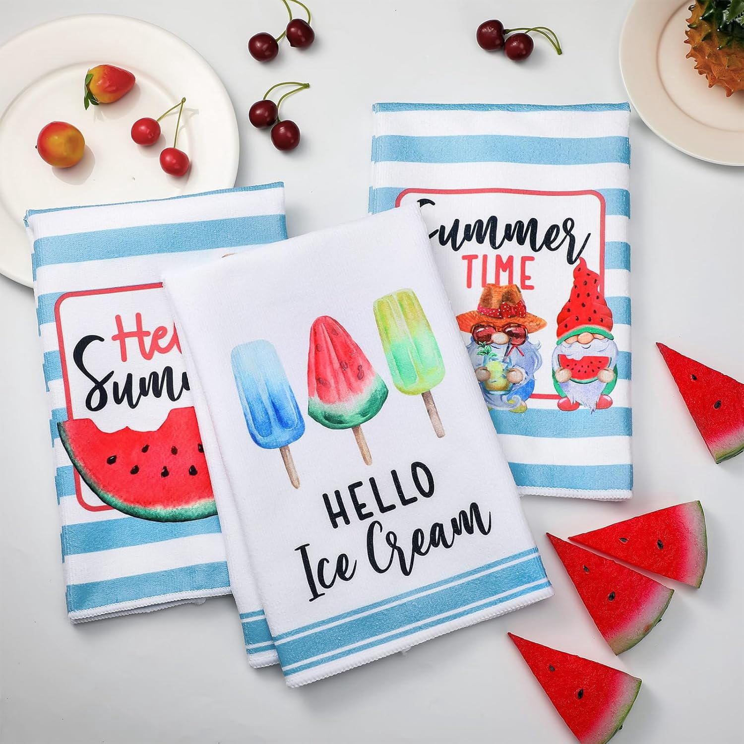 6 Pcs Summer Kitchen Towels Watermelon Gnome Tea Dishtowels 24 x 16 Inch Farmhouse Absorbent Blue White Stripe Hello Summer Hand Bathroom Towels for Kitchen Bathroom Decor