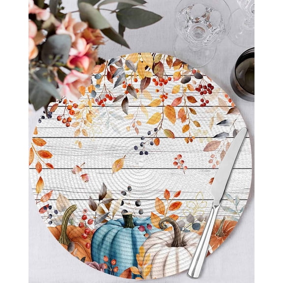 13 Inch Round Placemats Set of 6, Orange Blue Fall Non Slip Heat Insulation PP Table Mats, Pumpkins Botanical Thanksgiving Wooden Washable Place Mats for Kitchen Dining Party Table Decor