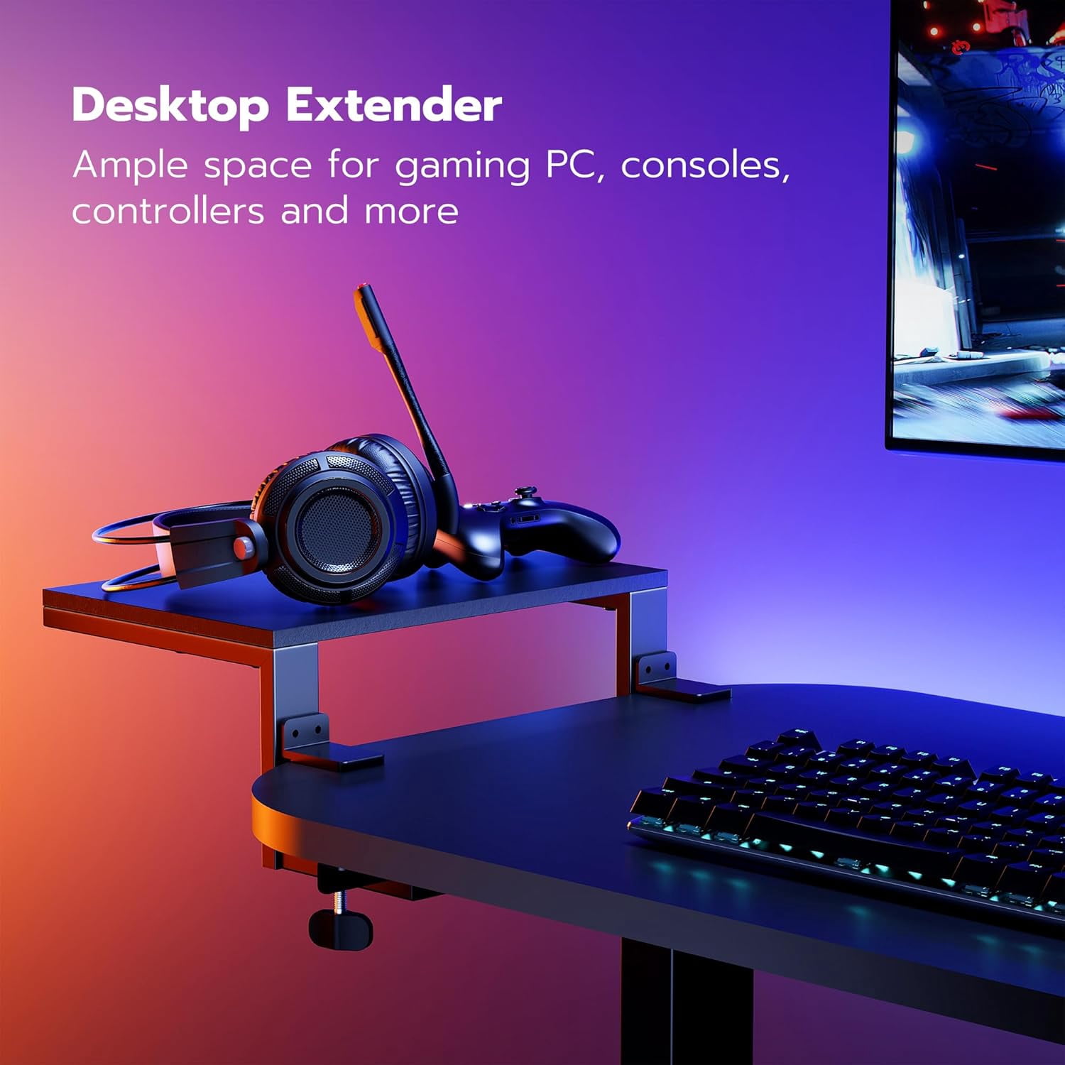 ARES WING 3 in 1 Versatile Clamp on Desk Shelf, 15 inches Desk Extender Shelves, Heavy Duty Desktop Organizer for Gaming and Office Accessories, Black