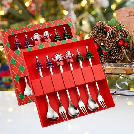 

MuYan Christmas Decoration Christmas Spoon Set 6 pcs Creative Christmas Tree Santa Claus Spoon Set Christmas Dessert Spoon fork Gift Tableware