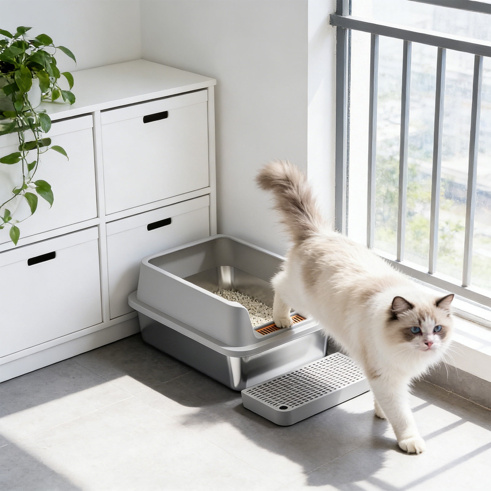 Stainless Steel High Sided Litter Box, Large Open Top Cat Litter Pan with Step Platform, Odor Resistant & Easy Clean, Non-Slip Kitty Tray with Scoop for Small & Large Cats
