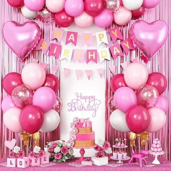Hot Pink Birthday Decorations for Girls,Happy Birthday Banner Party Decoration Fringe Curtain Heart Foil Balloons for Women Party Decorations