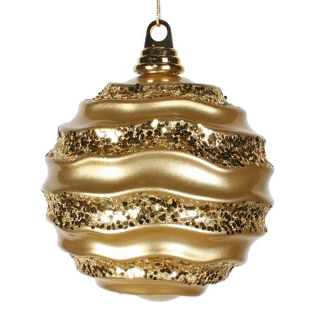 Vickerman 8 Gold Stripe Candy Finish Wave Ball Christmas Ornament with Glitter Accents