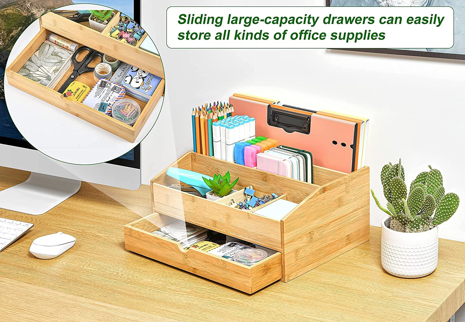 Drawer Desktop Caddy Desk Organizer Holder Wood Box Spacesaver Expanding Storage 