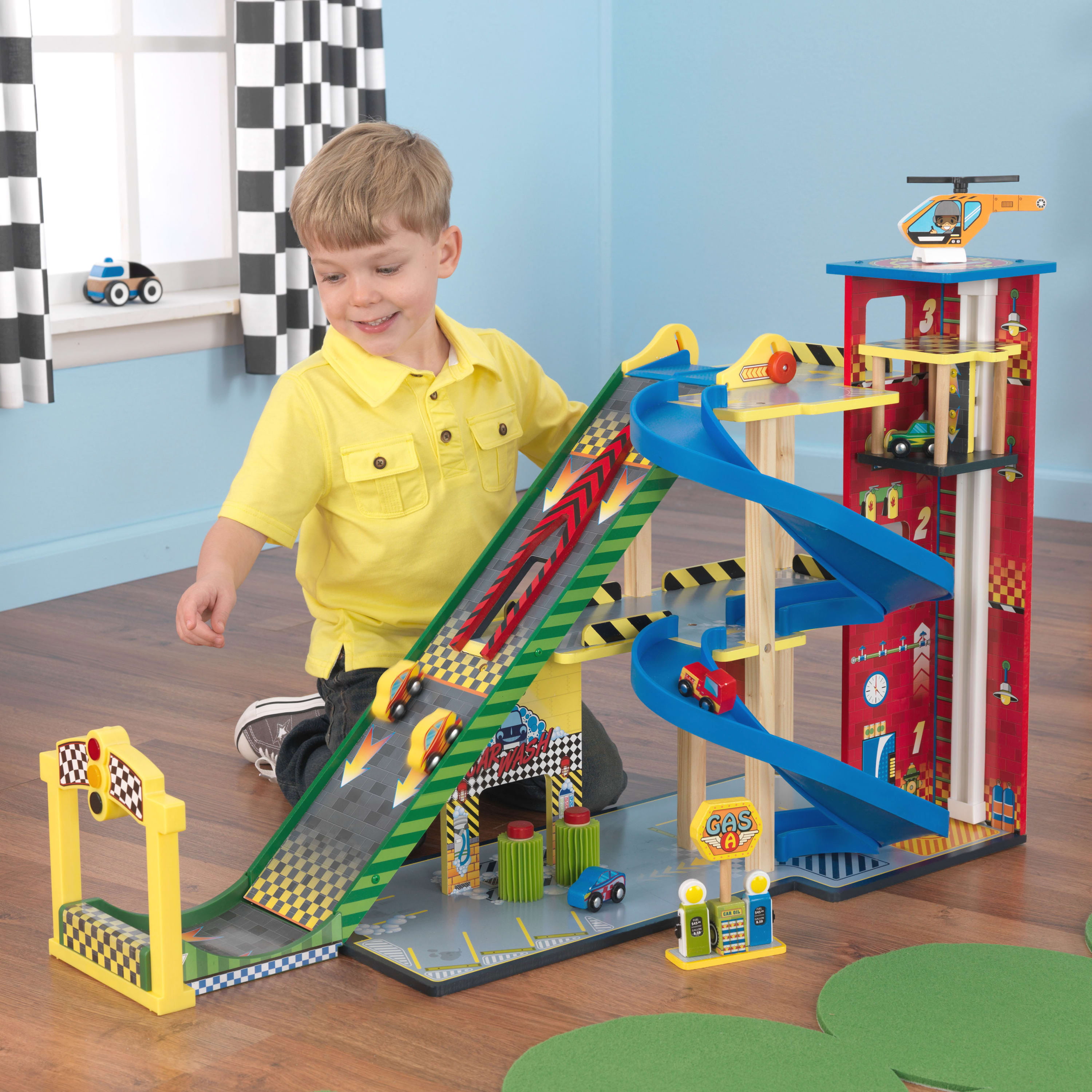 KidKraft Mega Ramp Wooden Racing Play Set with 5 Vehicles. Lights and Moving Elevator - image 2 of 9