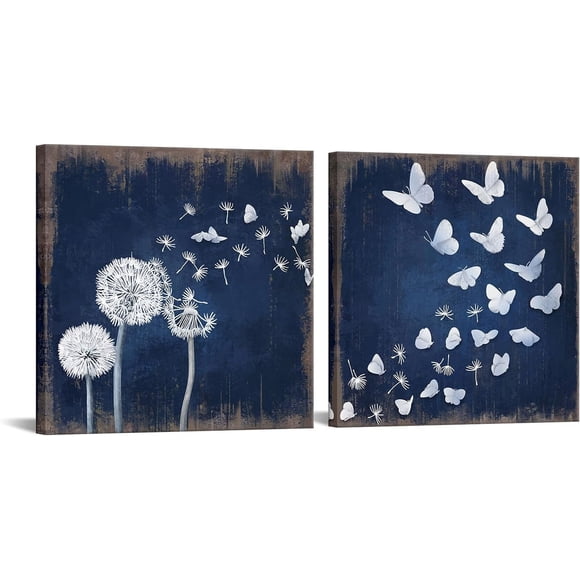 2 Pcs Art Mural Rustique Pissenlit Papillon Toile Souhait Fleurs Bleu Marine Image Uvre d'Art pour Salle de Bain Chambre Décoration Maison Prêt à Accrocher 12x12 Poucesx2pcs (Bleu et Blanc)