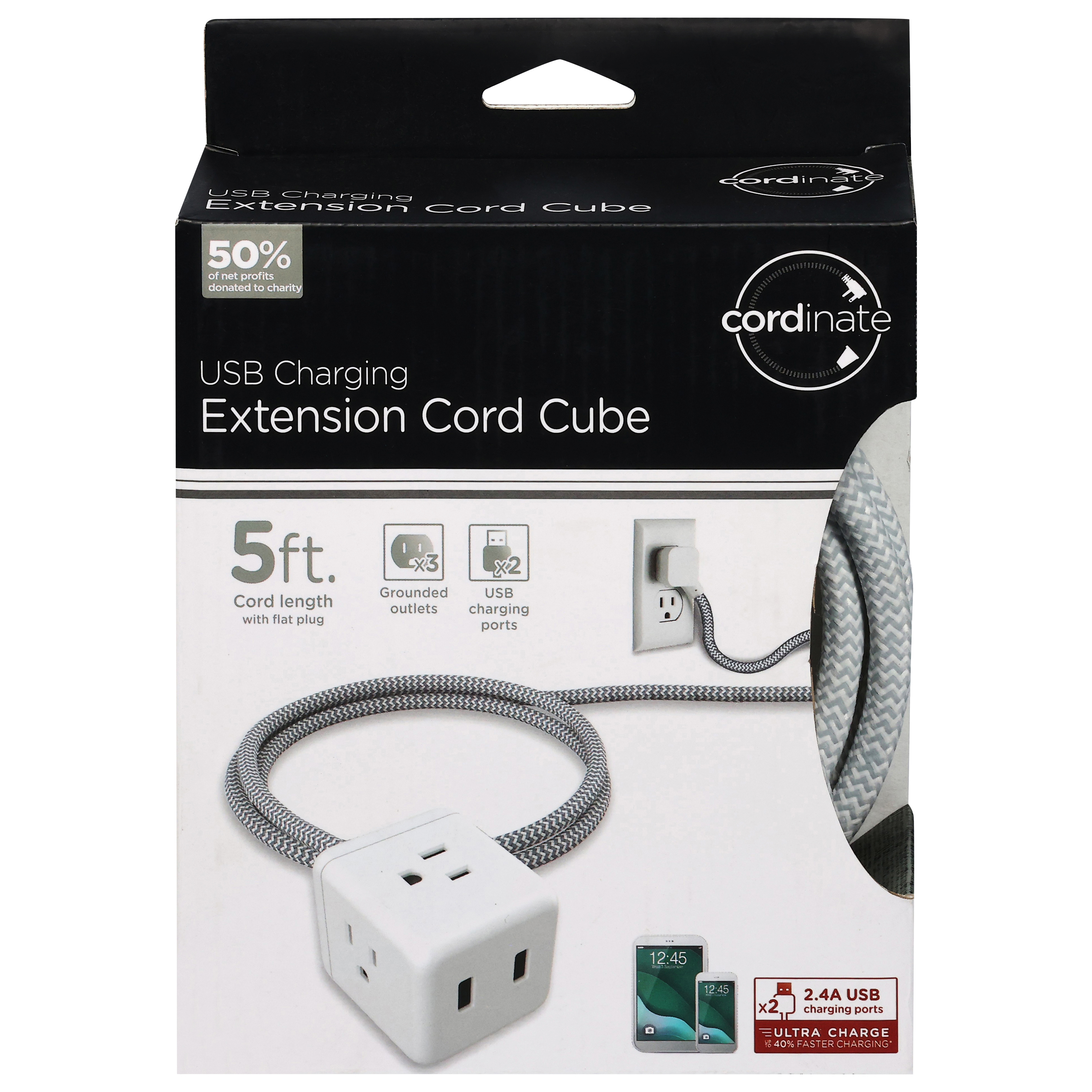 Cordinate 3 Outlet Cube Power Strip with 2 USB Ports, 2.4A, 5ft Braided Cord