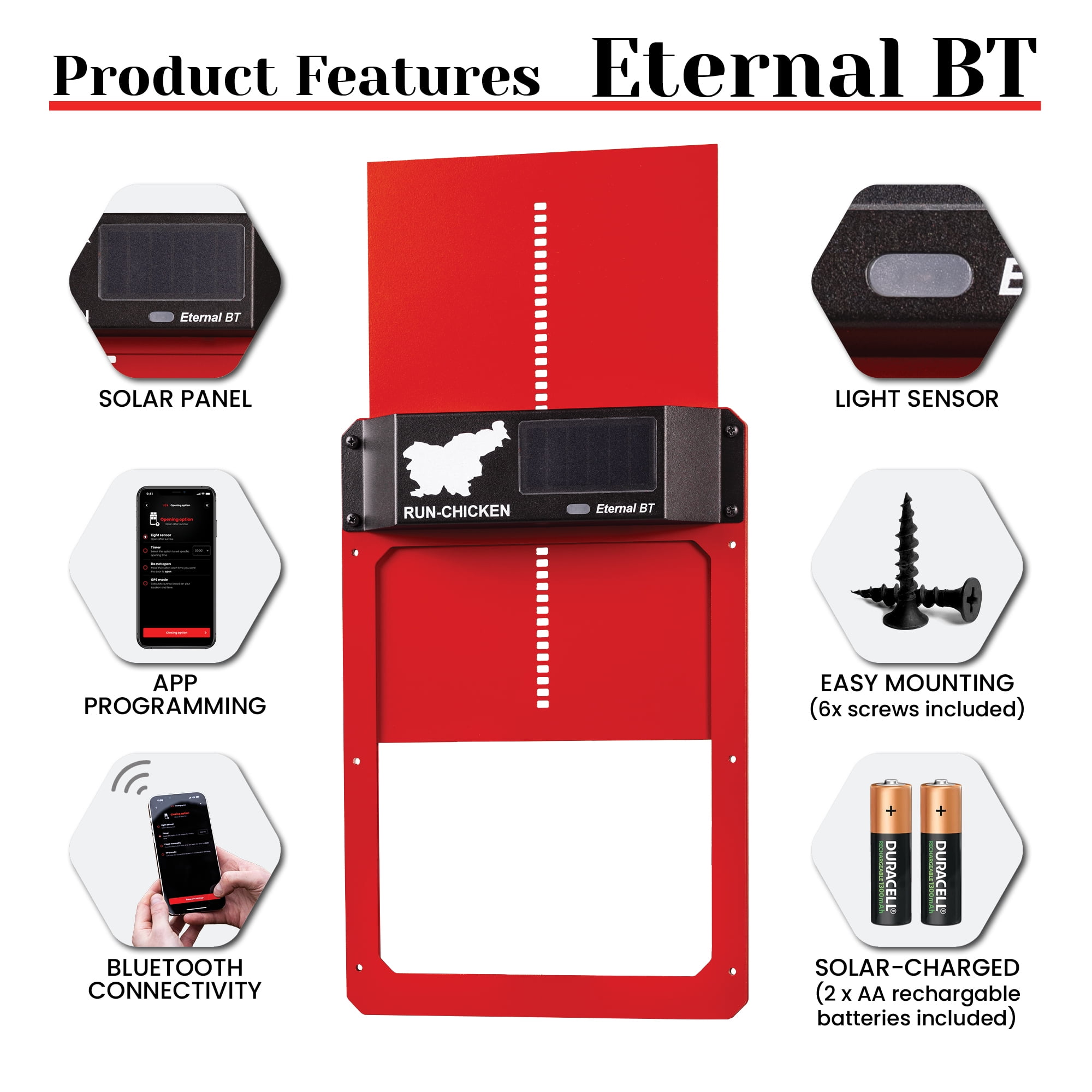 Eternal BT RUN-CHICKEN Door – Solar-Powered Automatic Coop Door with Bluetooth Control (Red)