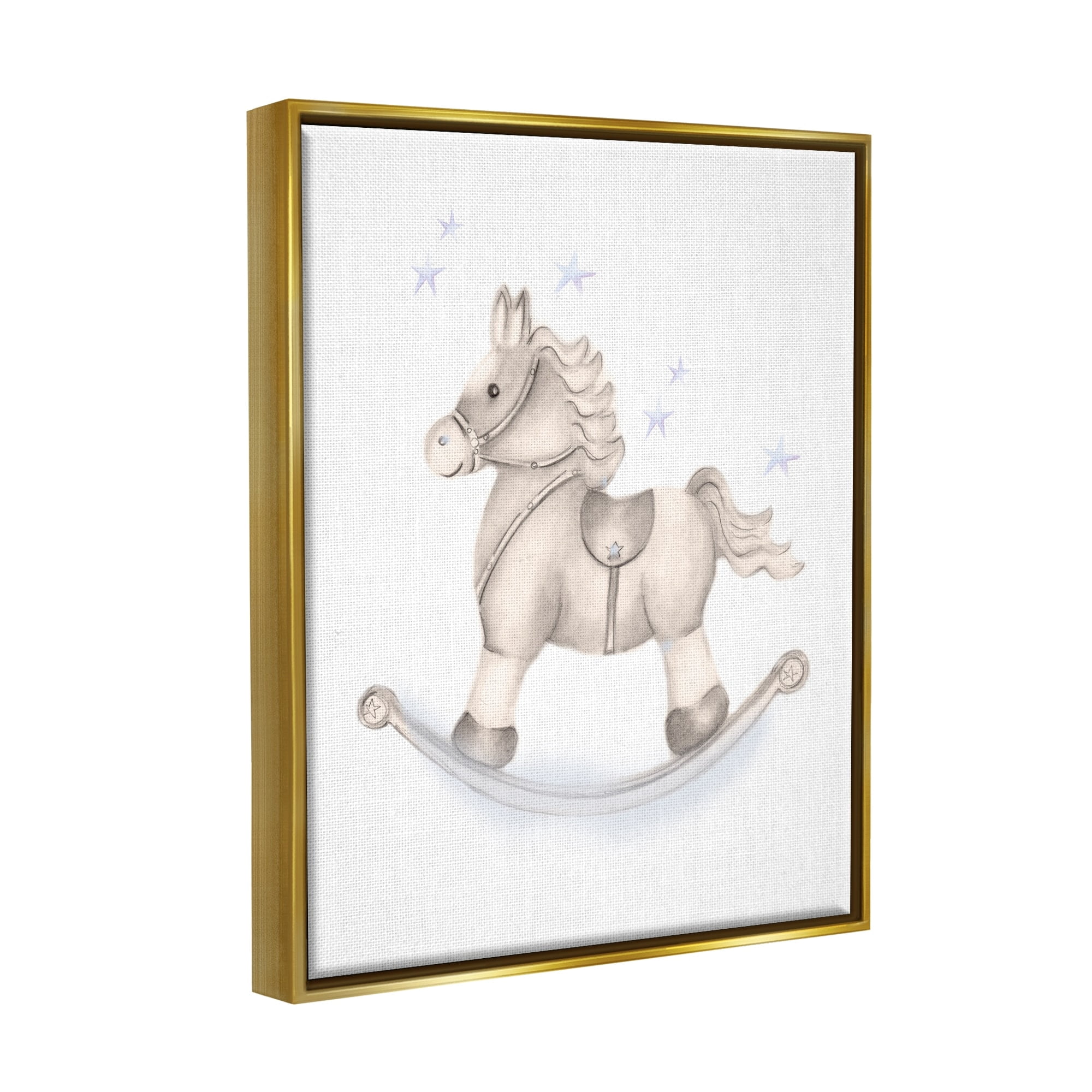 Stupell Industries Gentle Rocking Horse Blue Stars Nursery Playroom Graphic Art Metallic Gold Floating Framed Canvas Print Wall Art, Design by Studio Q