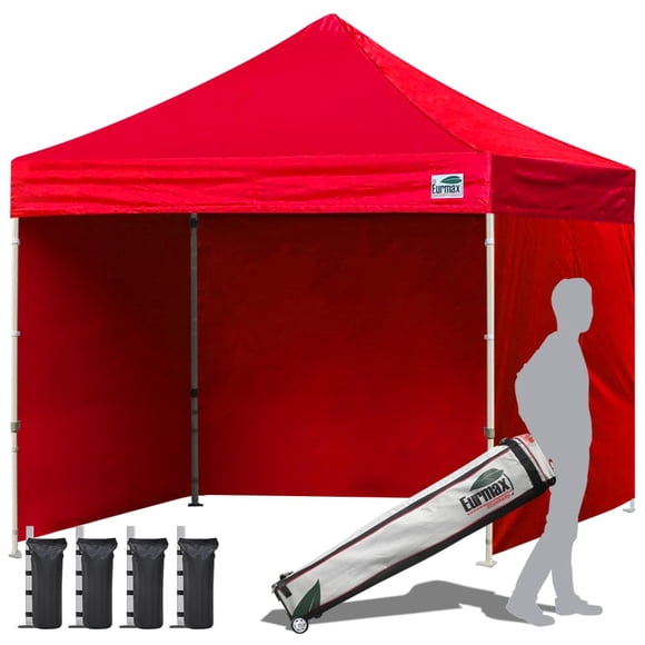 Eurmax USA Tente à Auvent Escamotable 10'x10 Pieds Commerciale Instantanée Canopies avec 4 Parois Latérales d'Extrémité à Fermeture Éclair Amovibles et Sac à Roulettes, Bonus 4 Sacs de Sable (Rouge)