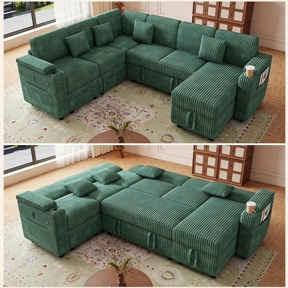 QuzyAor 100" U-Shaped Sectional Sofa with Pull Out Bed, 7-Seater Corduroy Sleeper Couch with Storage Chaise, USB Ports & Table Board, Green