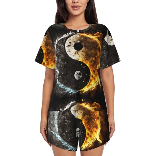 Balery Yin Yang Conjunto de Pijama para Mujer con Estampado, Dos Piezas de Manga Corta y Shorts, Ropa de Dormir Suave con Cuello Redondo y Bolsillos-Large