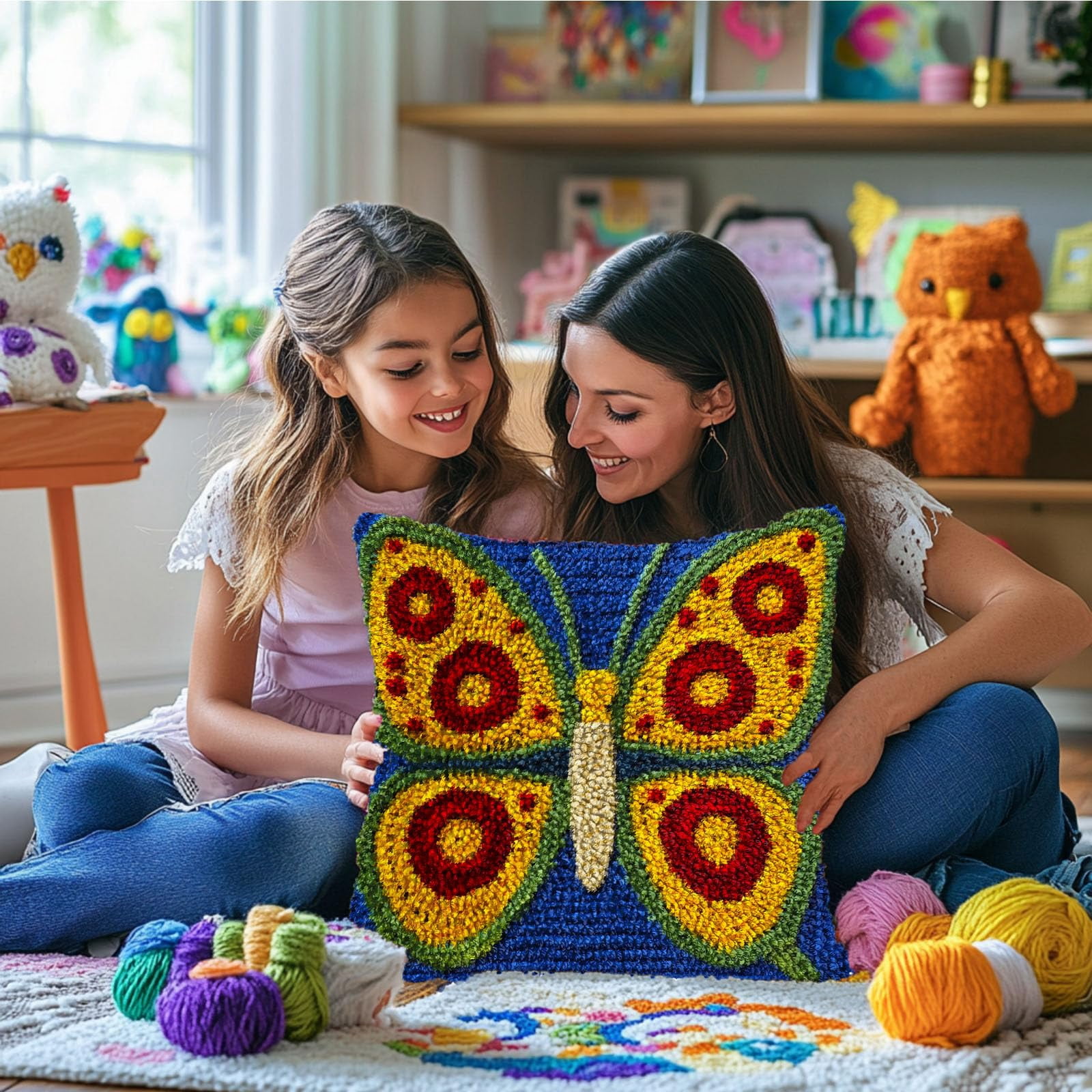 DIY Latch Hook Pillow Kits Yellow Butterfly with Red Wing Printed Pillowcase Crochet Yarns Hooking Handmade Pillow Cover Cushion for Home Sofa Decoration 17x17inch-2