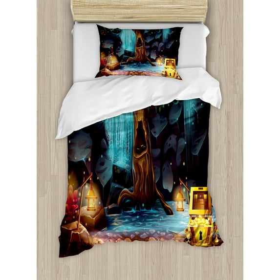 Fantasy Duvet Cover Set Twin Size, Cartoon Style Cave Landscape with a Big Tree Treasure Chest Lamps and Waterfall, Decorative 2 Piece Bedding Set with 1 Pillow Sham, Multicolor, by Ambesonne