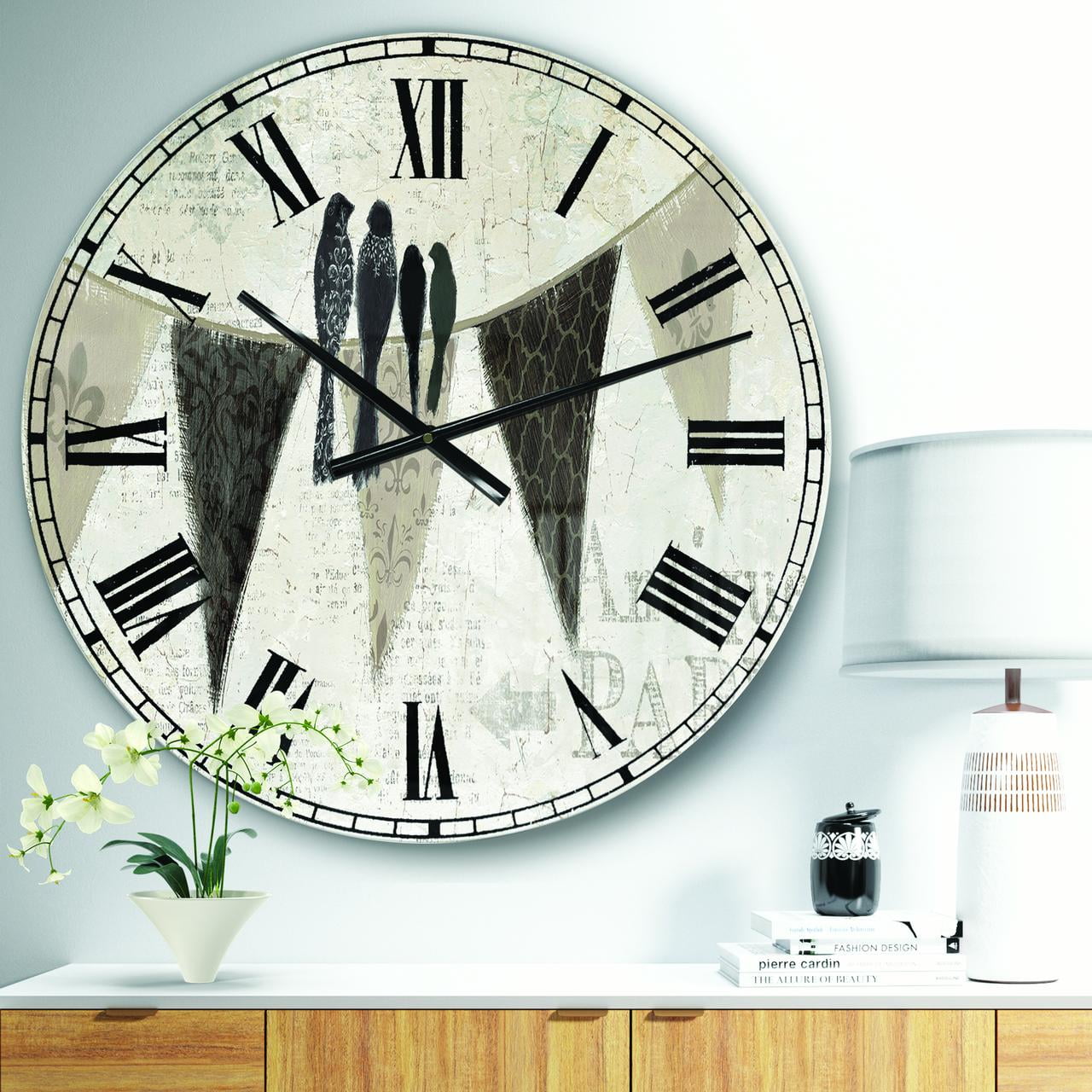 Designart French Bird Flea Market 23" x 23" Gray Analog Round French Wall Clock, CLM31171-C23