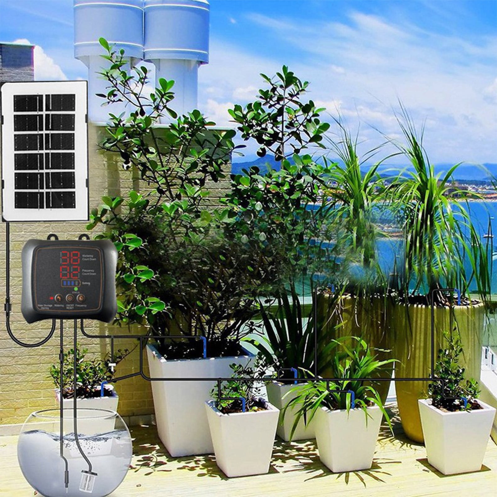 Djiypn 3W Solar Drip Irrigation System for Garden, Vacation Automatic Smart Watering Kits for Potted Plants, Raised Beds, Greenhouse, Timer Plant Watering Device, Indoor/Outdoor Use