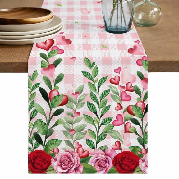 Valentine's Day Table Runner 60 Inches, Pink Red Roses Love Heart Eucalyptus Plaid Bed Runner Dresser Scarves Tabletop for Indoor Outdoor Parties/Ceremony/Banquet, 13" x 60"