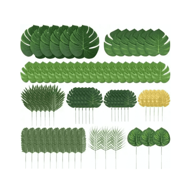 70 Piezas 10 Tipos Tropicales Hojas Artificiales Palma Decorativas Malubero Verde