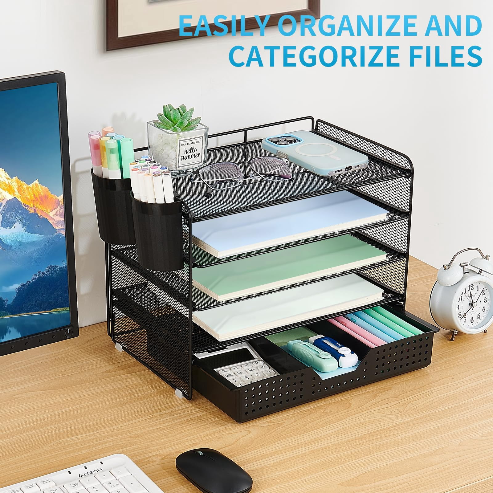 Desk Organizer And Accessories  5-tier Paper Letter Tray With Drawer & 2 Pen Holders For Desktop File Organization Office Supplies Storage (black)