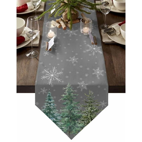 Table Runner Dresser Scarves Christmas Green Xmas Pine Tree Cotton Linen Burlap Table Cover White Snowflake on Gray Table Runners for Family Kitchen Dining Holiday Party Banquet Decor