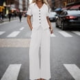 thumbnail image 2 of IWRICH Women's Linen 2 Piece Outfits Summer Short Sleeve V Neck Shirts Dressy Casual Sets Wide Leg Pant Suits White XL, 2 of 7