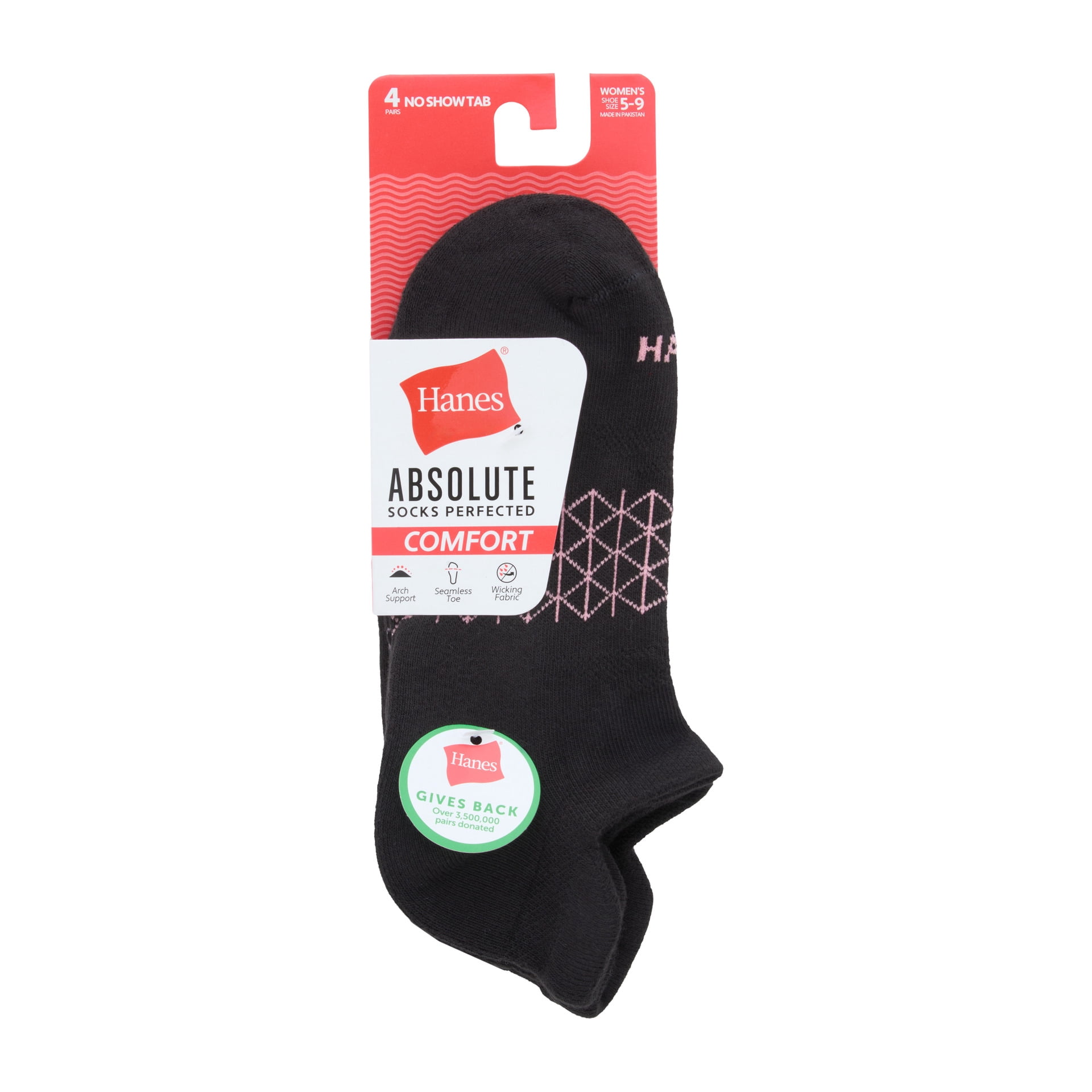 Hanes Womens Absolute Comfort No-Show Socks w/ Heel Shield, 4-Pack, Size 5-9