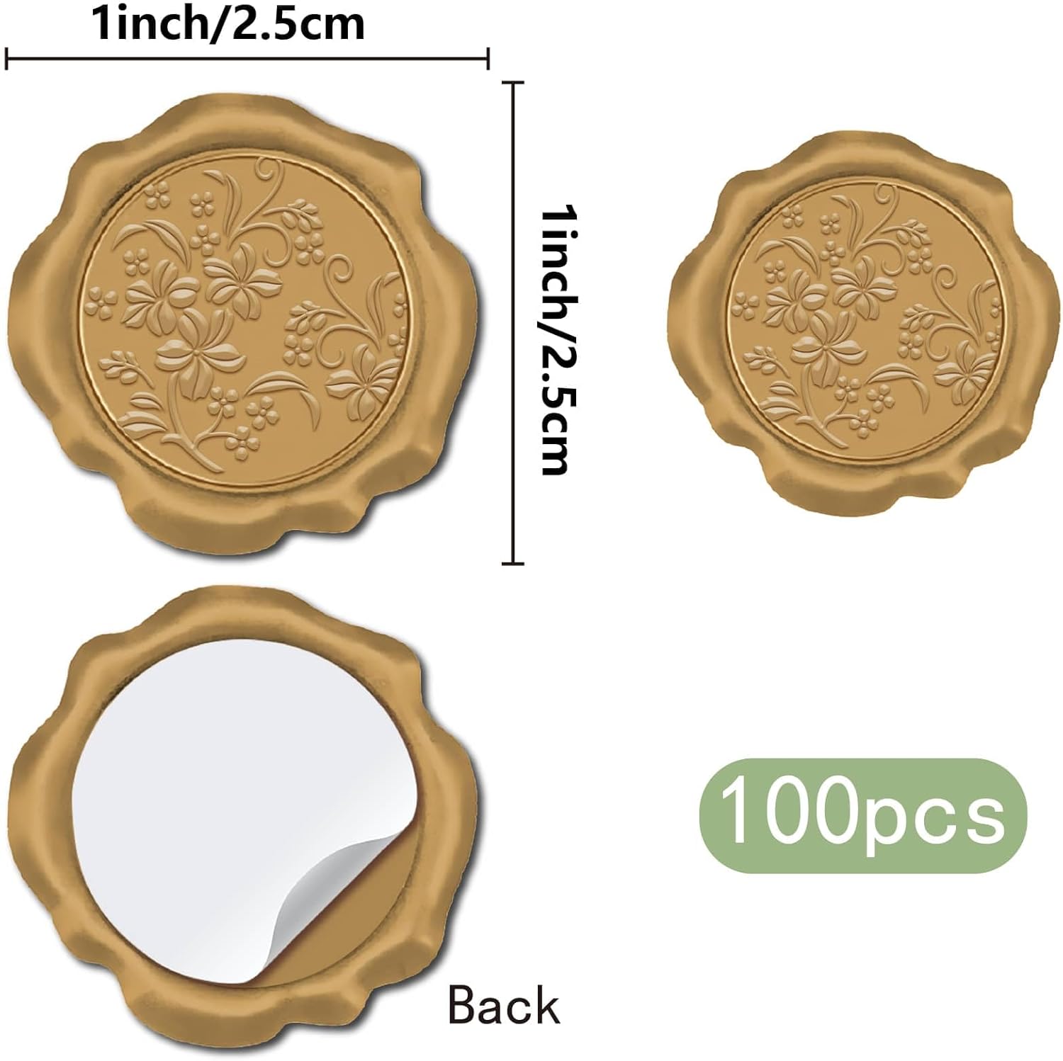 100Pcs Flower Wax Seal Stickers Retro Golden Self Adhesive Seal Stickers Sealing Label Decal Set For Wedding Invitation Envelope Birthday Party Craft Scrapbook DIY Invitation