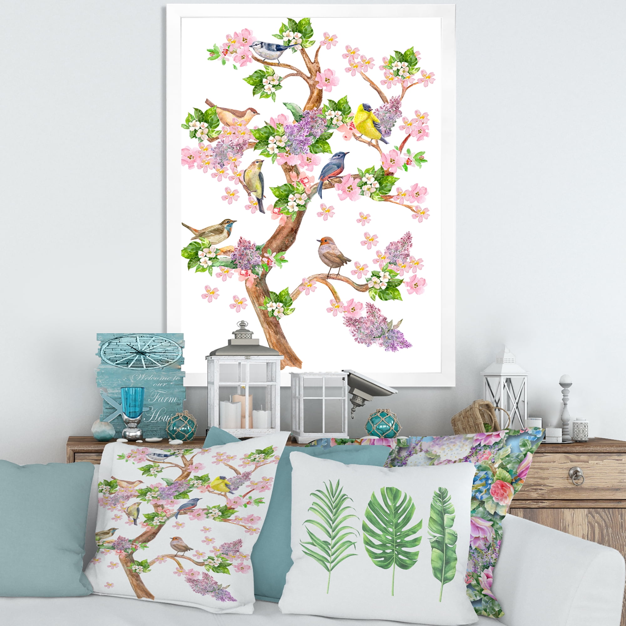 Tree With Colorful Birds Sitting On Flowering Branches 12 in x 20 in Framed Painting Canvas Art Print, by Designart