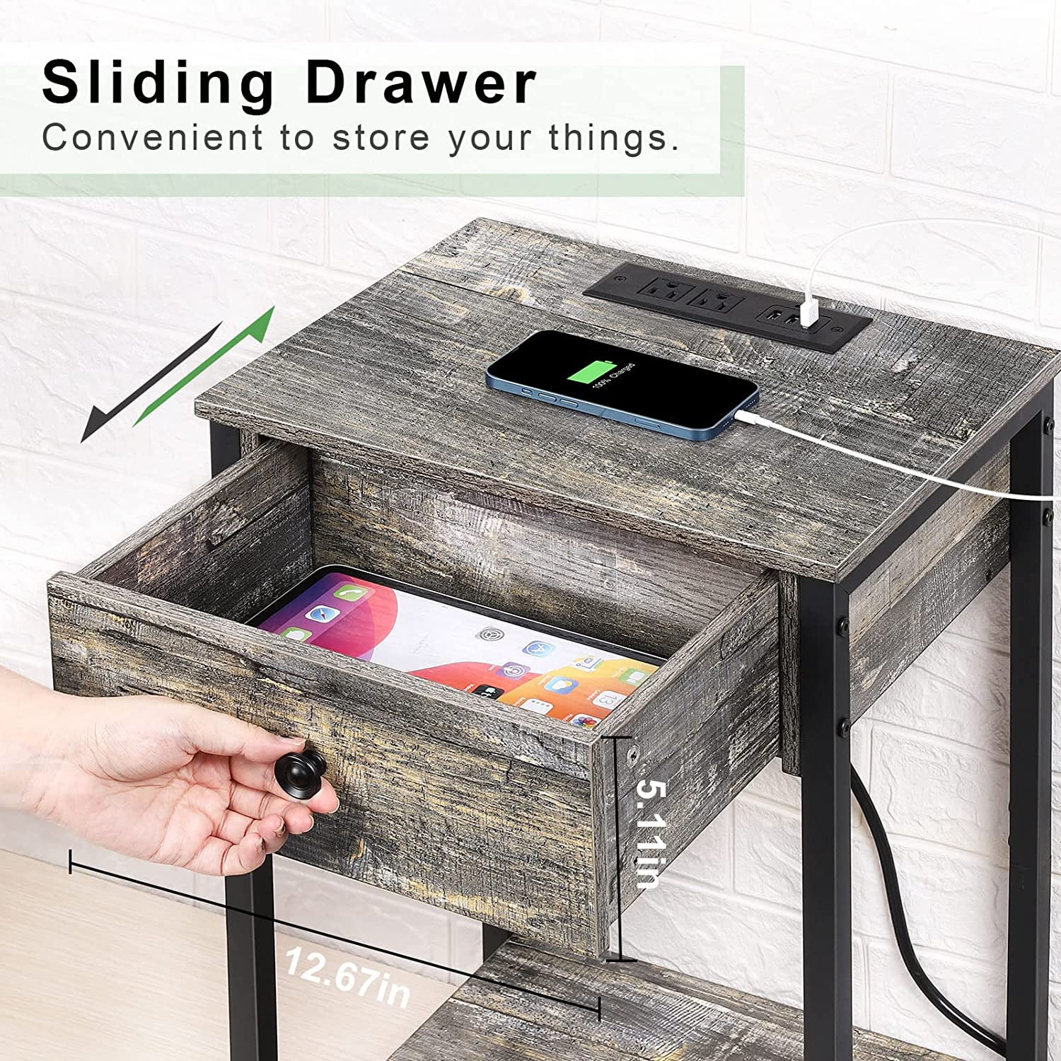 Oumilen Adult Nightstand End Table with Charging Station, USB Ports, Drawer and Storage Shelf, Gray
