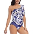 thumbnail image 3 of Gaeub Blue And White Porcelain Pattern Women's One Shoulder Ruffle Tummy Control Swimwear for Swimming Surfing Beach Party - XX-Large, 3 of 8