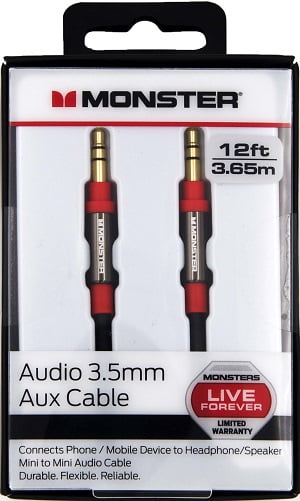 Monster 3.5mm Male to Male Auxiliary Stereo Audio Cable 12ft, Black