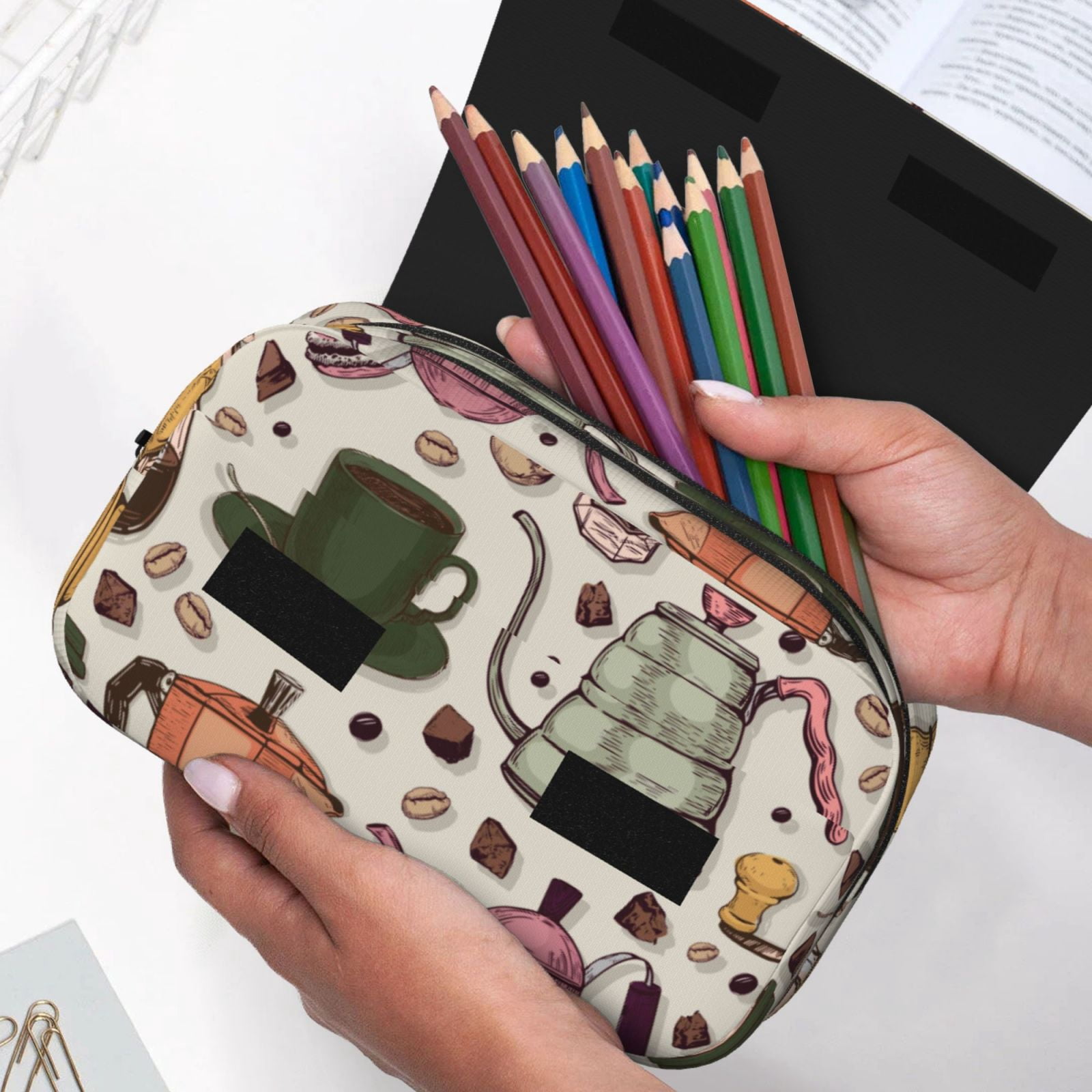 Rateoe Vintage Coffee Pattern Double Clamshell Pen Case, Storage Organizer with Two Zipper Compartments– Holds Up to 50 Pencils & Pens