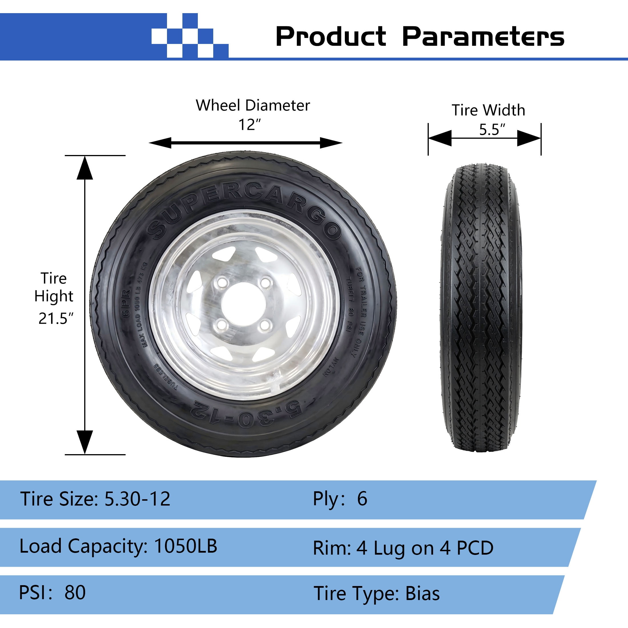 SUPER CARGO 2 Set SU02 5.30-12 6PR Boat Trailer Tire and 4-Lug Galvanized 8 Spoke Wheel Assembly