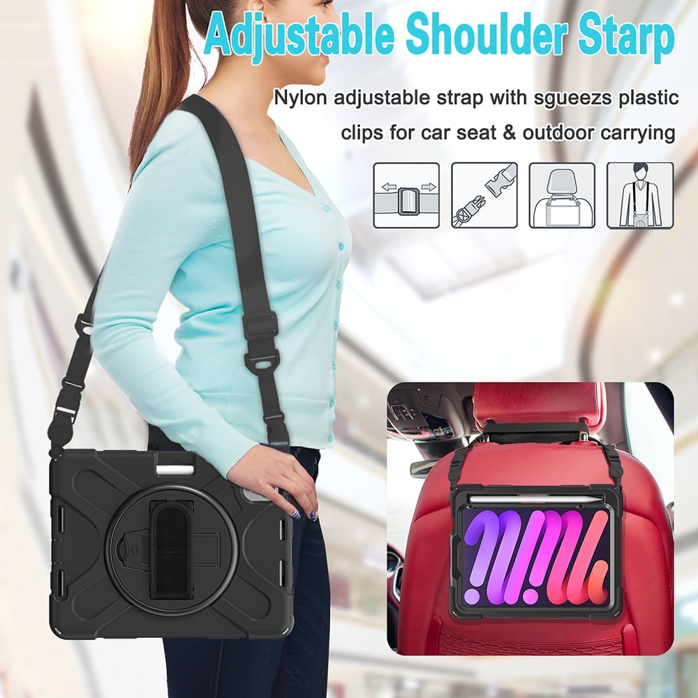 For Apple iPad Mini 6 (2021) Heavy Duty Rugged Hybrid with Kickstand, Shoulder Hand Strap, Pencil Holder Shockproof Full Protective Cover ,Xpm Phone Case [Black]