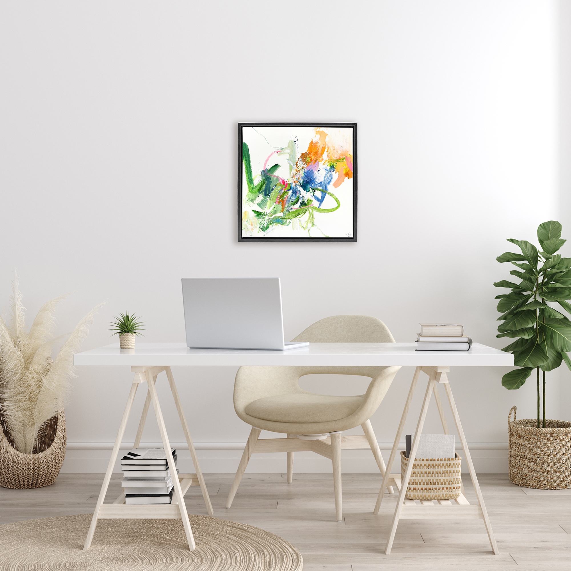 Confident Green Abstraction Black Framed Floater Canvas Wall Art, design by Design Fabrikken