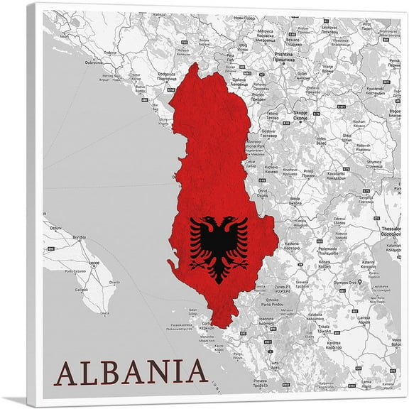 ARTCANVAS Albania Country in the Balkans on World Map Canvas Art Print - Size: 18" x 18" (0.75" Deep)