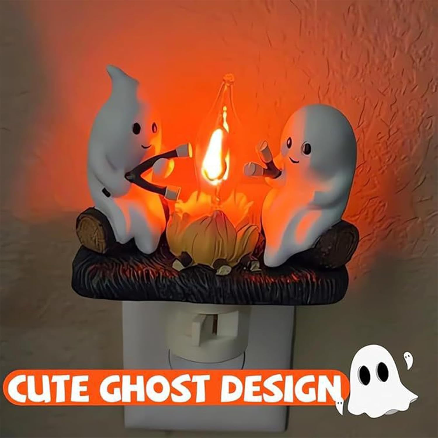 2024 Ghost Campfire Flickering Nightlight, Halloween Night Lights Plug into Wall, 3D Spooky Fire Marshmallow Night Light, Ghost Pumpkin Night Light Dusk Funny Halloween Room Decorations (A-1PC)