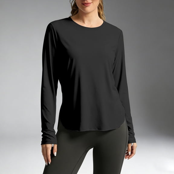 Women's Long Sleeve UPF 50 Sun Shirt, Loose Fit Breathable Polyester Workout Top for Outdoor Yoga, Running, Hiking, and Sun Protection, Solid Color Athletic Layer Black L