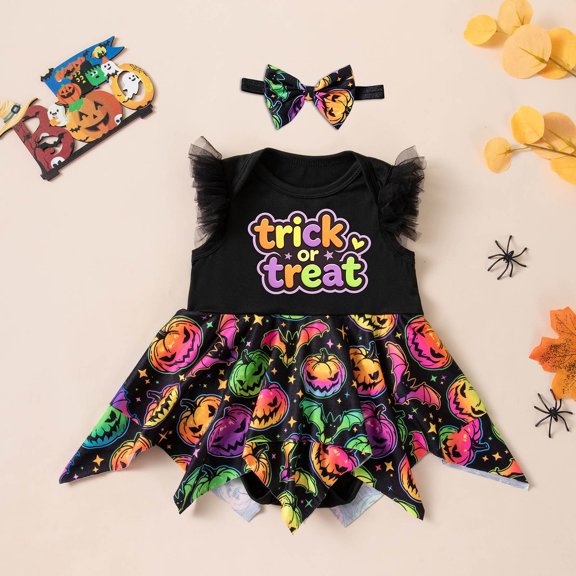 My First Halloween Outfit Sleeveless Pumpkin Romper Dress with Headband Baby Girl Fall Clothes