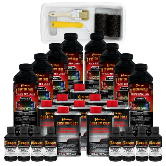 Custom Coat Black Metallic 2 Gallon Urethane Roll-On, Brush-On or Spray-On Truck Bed Liner Kit with Roller and Brush Applicator Kit