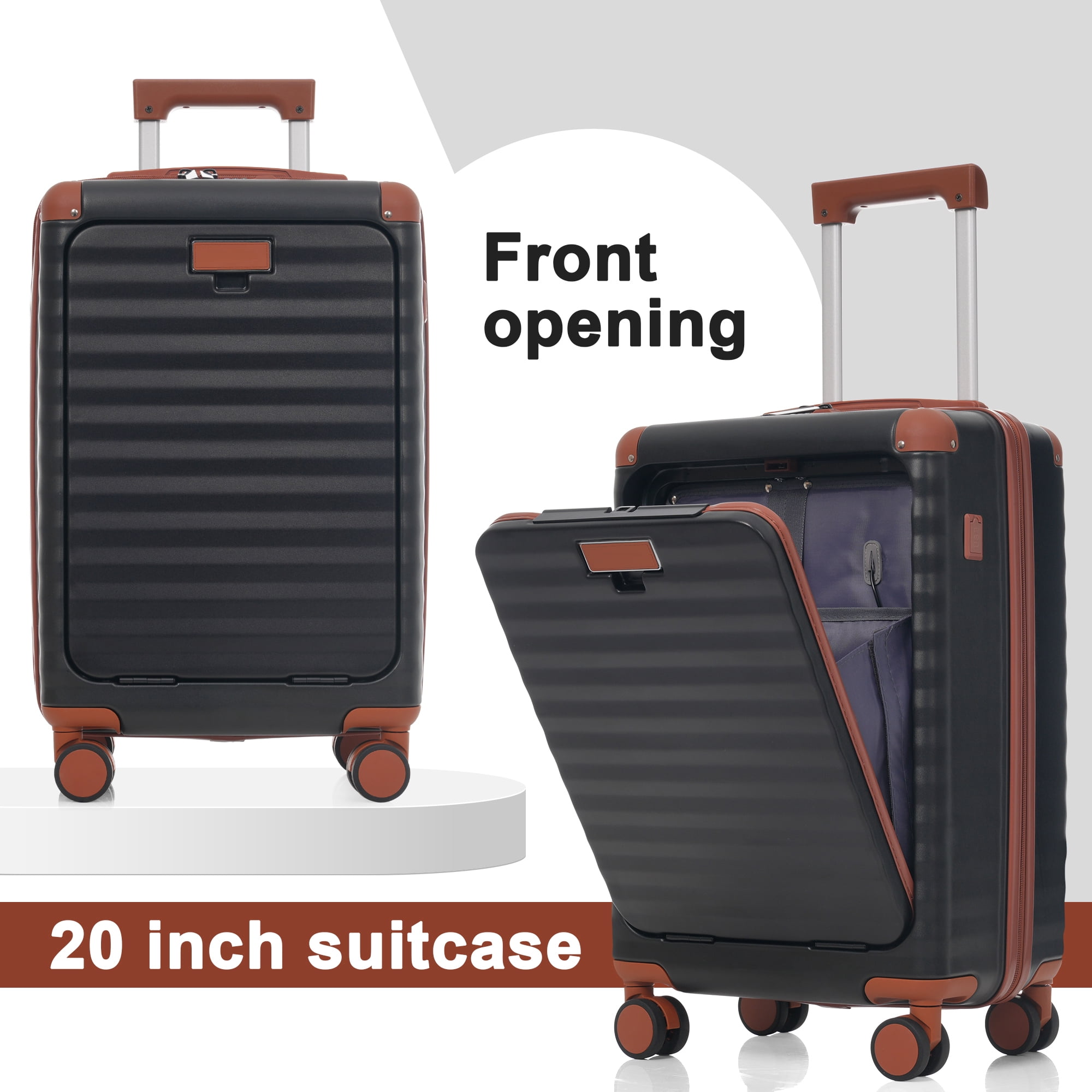 Luggage Sets 5 Piece with Front Opening , Hardside Expandable Carry on Suitcase with Spinner Wheels TSA Lock USB Port Cup Holder Duffel Bag and Toiletry Bag