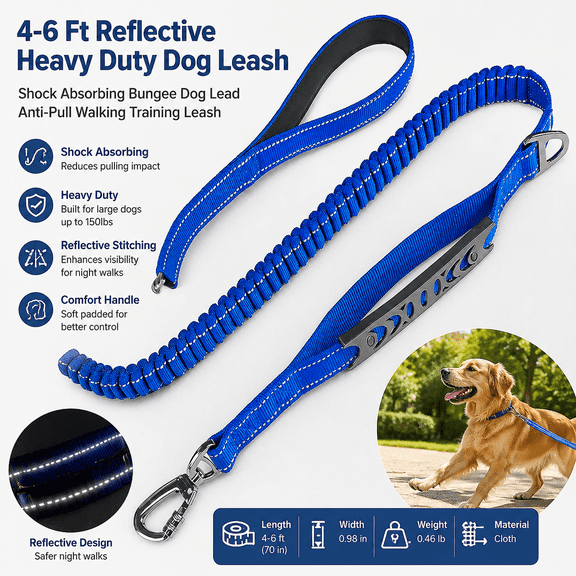 4-6 Ft Reflective Heavy Duty Dog Leash, Shock Absorbing Bungee Dog Lead, Anti-Pull Walking Training Leash for Large Dogs Up to 150lbs