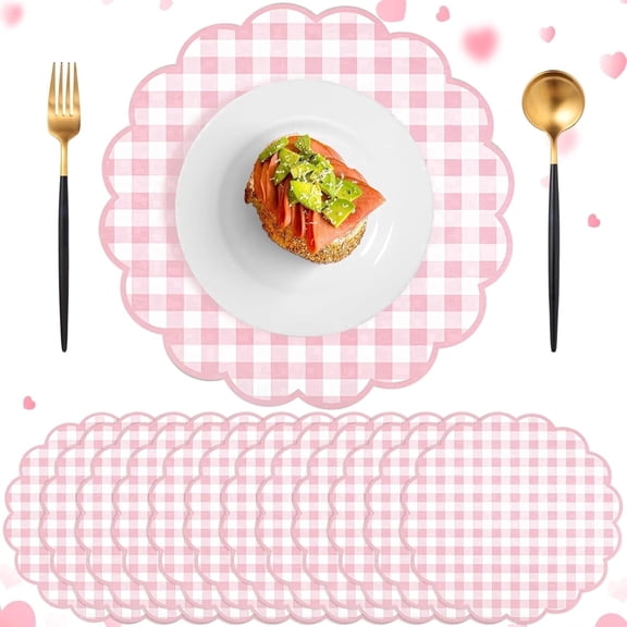 50 Pcs Pink and White Gingham Paper Placemats,13.5 Inch Scalloped Checkered Place Mats Disposable Table Placemats Decorative Paper for Table Setting BBQ Baby Shower Wedding Bridal Banquet Tea Party