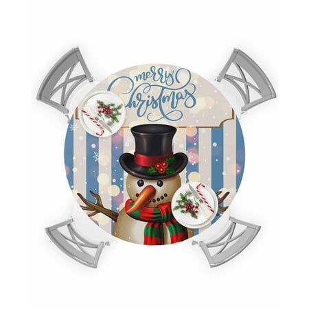 

Round Tablecloth with Elastic Christmas Snowman with Hat Blue Plaid Waterproof Stain-proof Table Cover Wipeable Fitted Table Cloths for 55 -60 Round Tables Dining Kitchen Indoor Outdoor Use