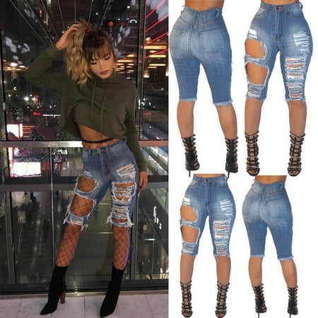 Women Hole Destroyed Ripped Distressed Slim Denim Pants Cowboy (Best Women's Jeans To Wear With Cowboy Boots)