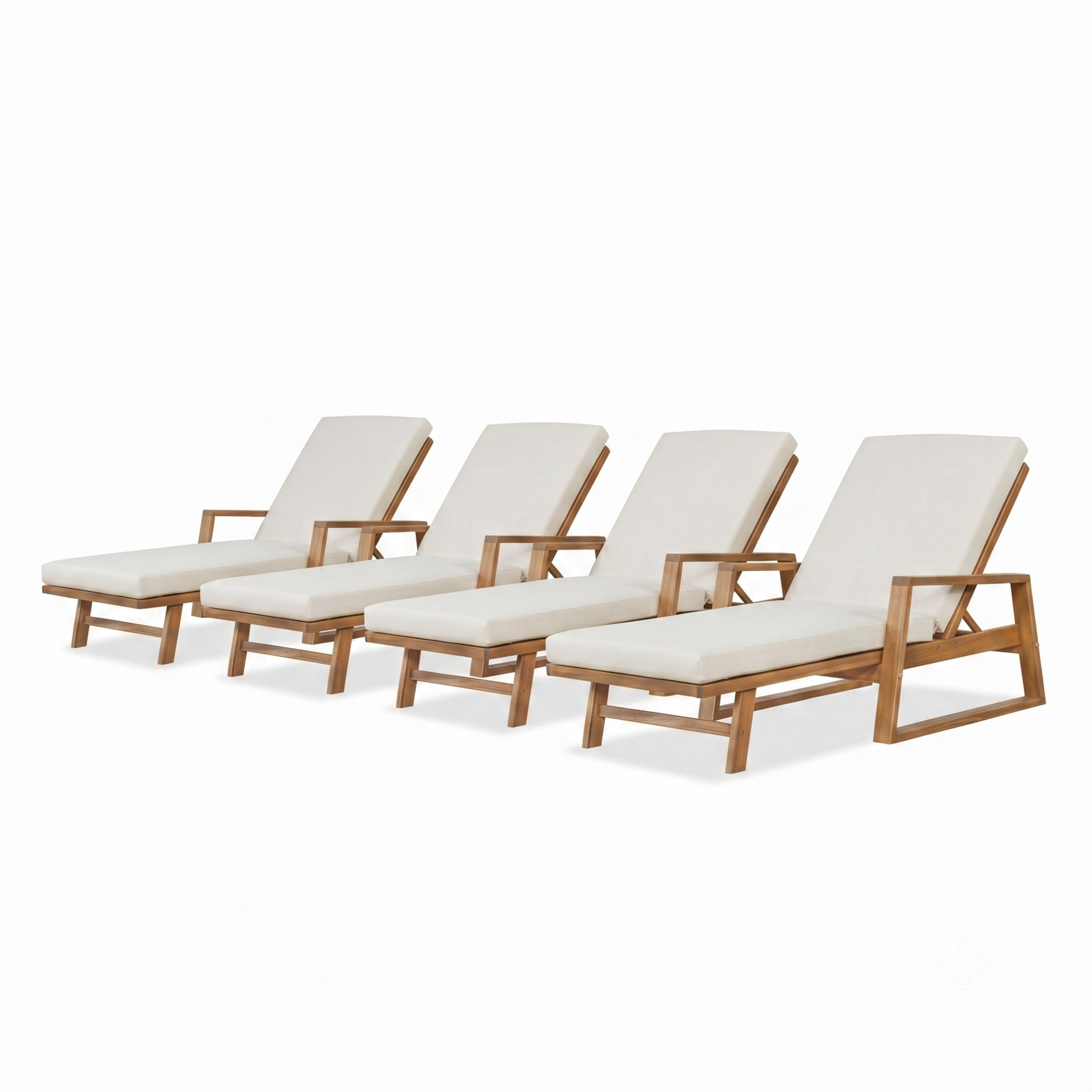 Christopher Knight Home Acacia Wood Outdoor Chaise Lounge with Adjustable Backrest and Cushion, Teak+Beige, Set of 4